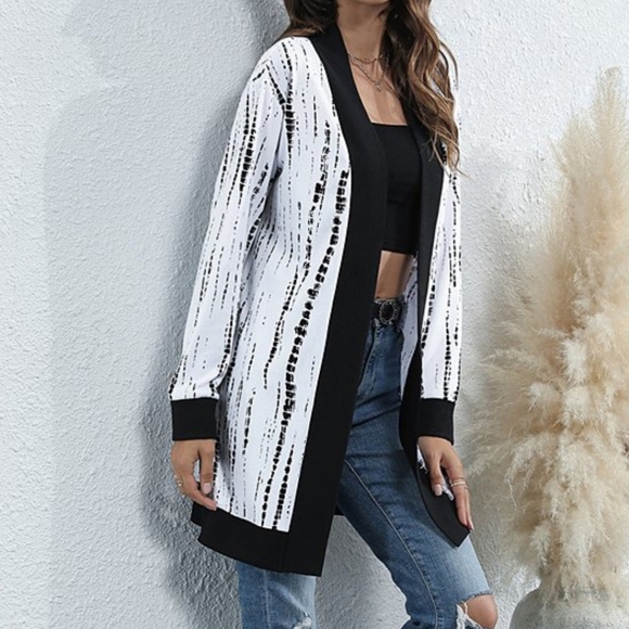 White and Black Abstract Longline Open Cardigan - Picture 2 of 4